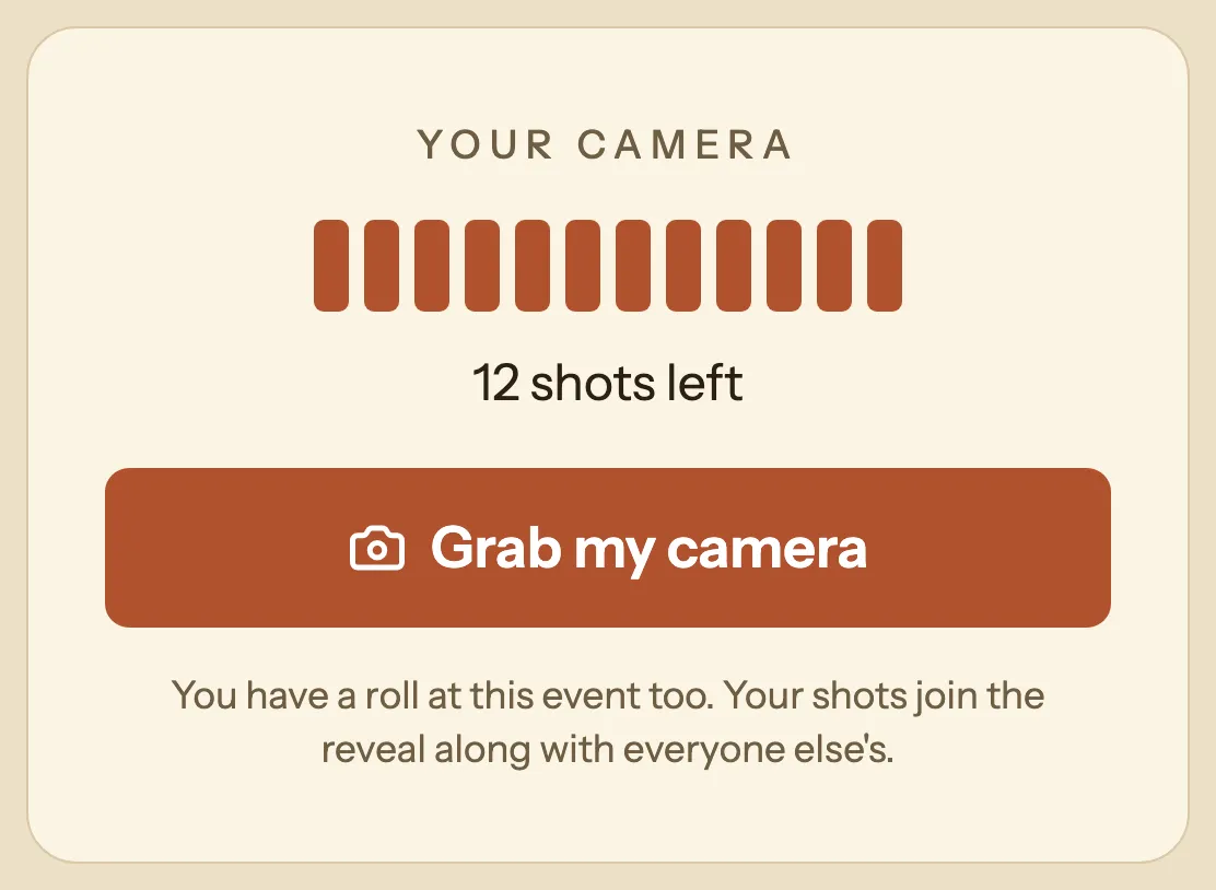 The app: the roll belonging to someone who joined the event, all 12 shots still full, "12 shots left" and the button to grab the camera