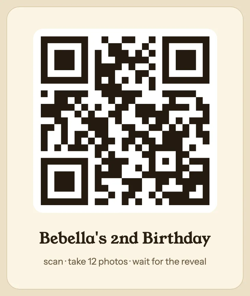 The app: the event invite, with the QR code to print, the event name and the reminder to scan, take 12 photos and wait for the reveal