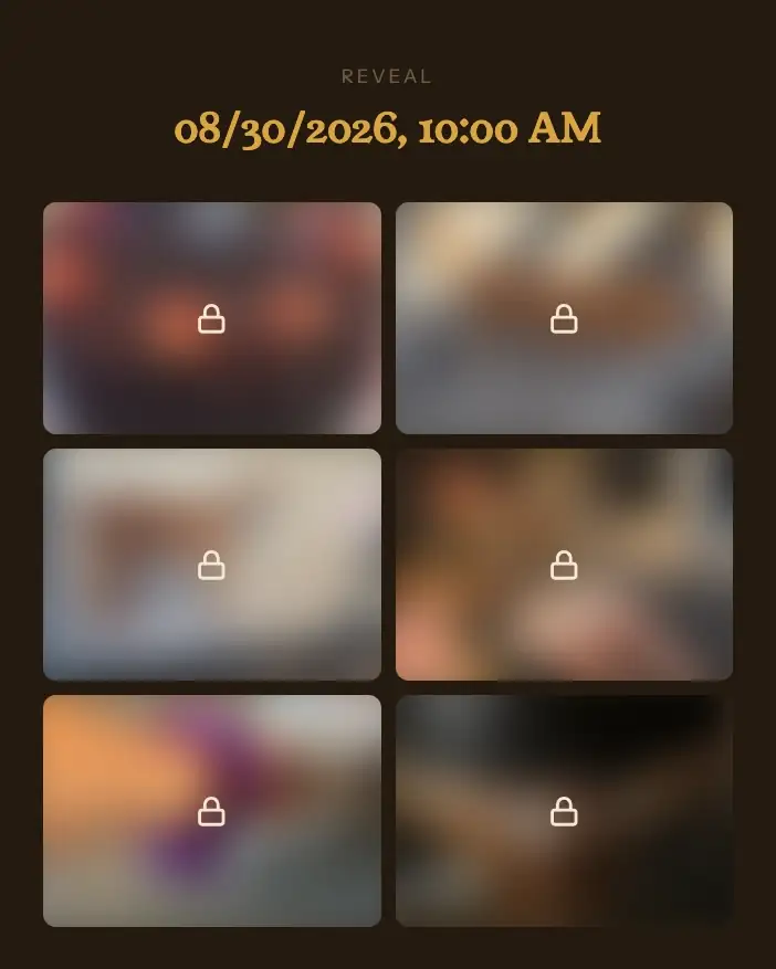 The app: the locked wall with its reveal date, and the photos coming out of the blur one by one, each with the name of whoever took it