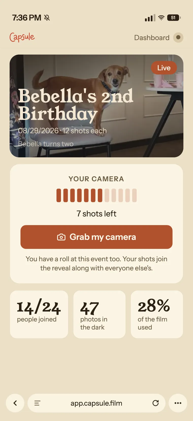 The host's dashboard on a phone: the event cover, the host's own camera, and the counters for people joined, photos in the dark and film used