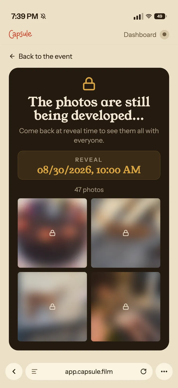 The app on a phone: the wall still locked, with the reveal date above it and the photos blurred behind a padlock