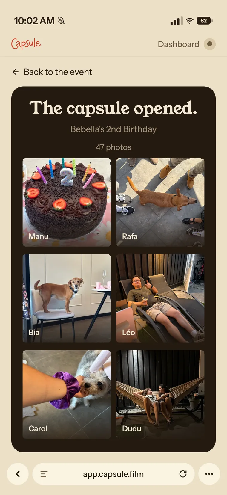 The revealed wall on a phone: the event's photos with no blur, each one with the name of whoever took it